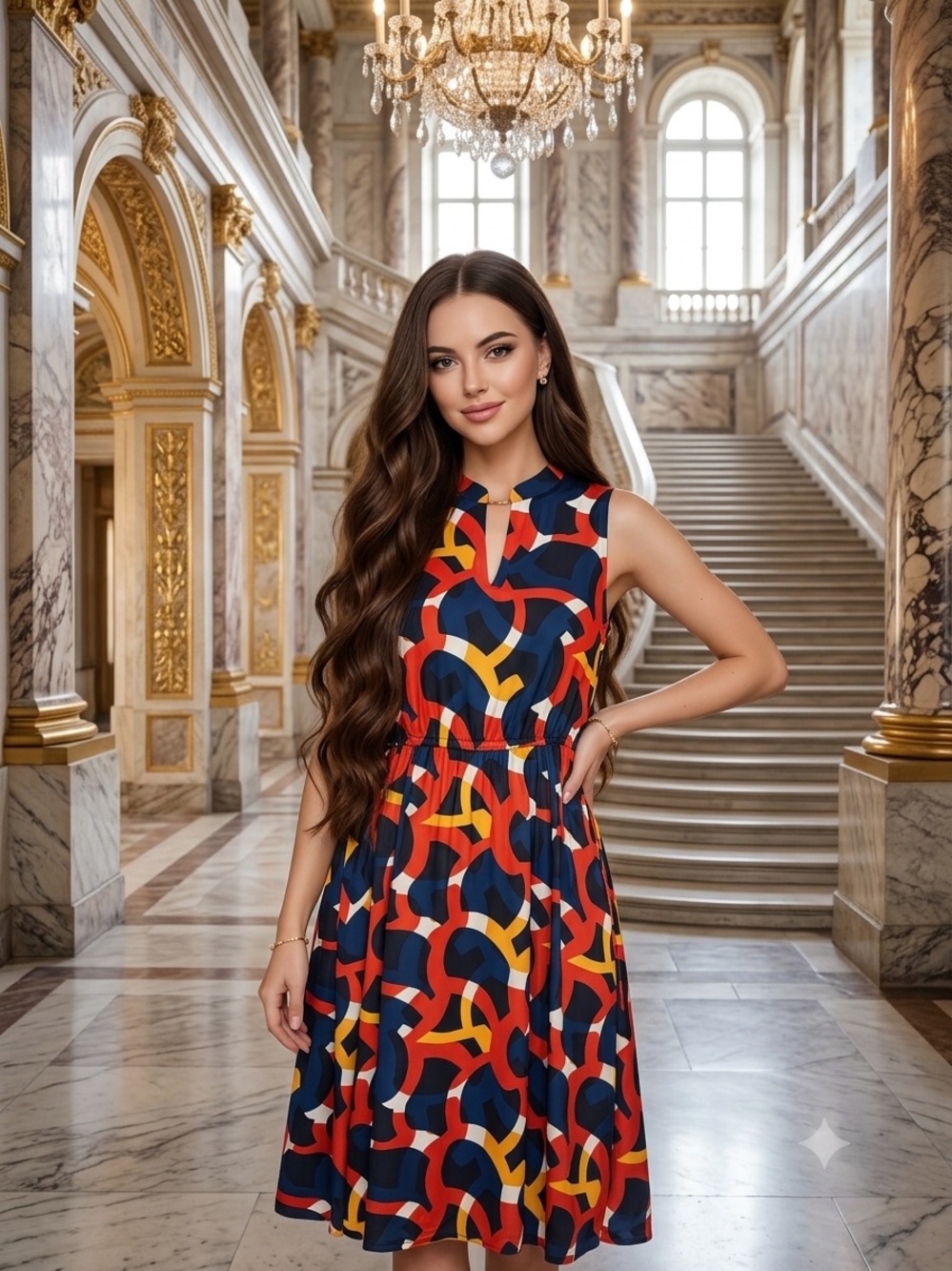 Anne Klein Navy Dress with Red, Yellow & White Geometric Print